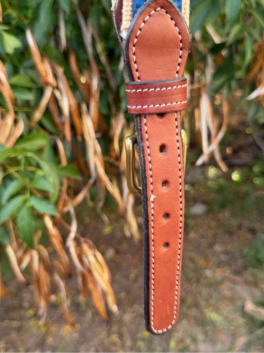 Preston classic Blue Fish Adjustable Strap Brown Leather Accent sz 38 long 44 in
